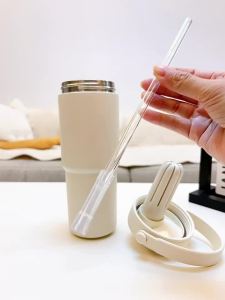 Ceramic Tumbler with Handle Thermal Mug Large 24OZ Straw Portable Cold Coffee Thermos Lined Insulated Vacuum Flask Travel Bottle