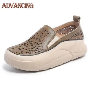 Summer Lightweight Breathable Handmade Leather 4cm Flat Sandals for Womens Casual Hollow Out Sandals