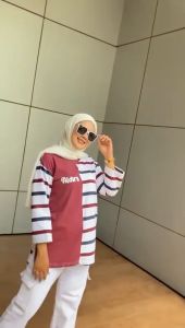 T-shirt Wanita Atasan Kaos Katun Oversize Aldira Pinggir Combi Stripe 3 Terbaru Kekinian Lengan 7/8