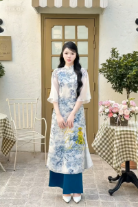 Áo dài cách tân nữ dáng suông 4 tà lụa voan tơ họa tiết trang nhã Thanh Tâm thiết kế tay lỡ dự tiệc