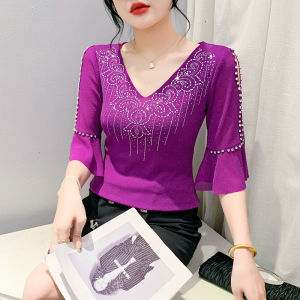 YIMEI 2024 Summer New V-neck Mesh Unique T-shirt Large Womens Dance Top High end Ruffle Edge Sleeves Blue Shirt