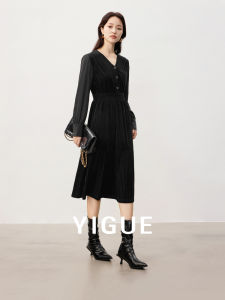 Yigue | Vintage French V-Neck Thick Autumn Spring Corduroy Waist-Cinching Long Sleeve Dress