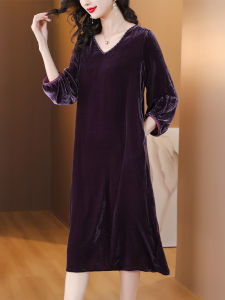 Elegant Purple Velvet Dress Womens Loose Slimming Midi Skirt Autumn New Style Fashionable Mommy Vintage Button Splice Pocket