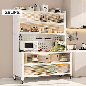 GSLIFE Lemari Piring Multi-layer Rak Dapur Serbaguna Rak Penyimpanan Microwave Oven Dengan Roda Pintu