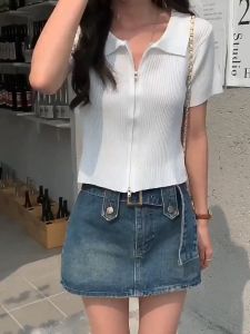 Ice Silk Knitted Top for Women Korean Style High Waist Zipper Polo Shirt Short Sleeve T-shirt