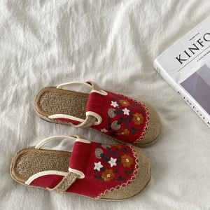 Xistu Linen Slip-On Flat Bottom Anti-Slip Womens Slippers Outdoor Wearable Comfortable Lazy Fisherman Embroidered Shoes