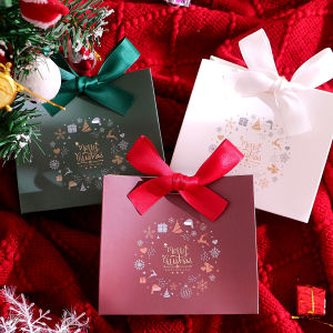 Set of 5 Christmas Gift Boxes with Christmas Tree and Reindeer Designs and Festive Mini Gift Bags with Red and Green Ribbons |   P