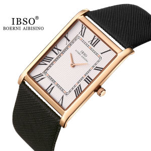 IBSO Ultra-Thin Rectangle Dial Mens Quartz Watch Luxury Business Style Genuine Leather Strap Waterproof New Men WristWatches