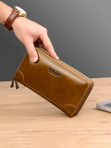 Double Layer Large Capacity Mens Wallet Fashion Business Long Handheld Bag Retro Solid Color Clutch Bag Youth Synthetic Leather