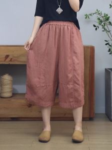 Quần Dài Cotton Lanh Sọc Cổ Điển Cho Nữ Quần Short Rộng Rãi Mùa Hè Mới Quần Dài Đến Giữa Bắp Chân Màu Trơn Đa Năng Phong Cách Đường Phố