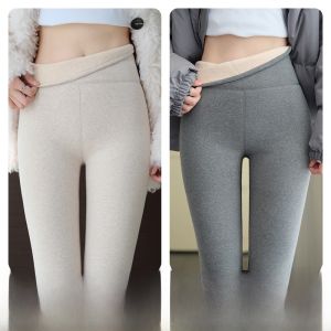 MiiOW | Quần dài bó sát mùa đông dày dặn màu trơn cạp cao có lót lông cừu cho nữ Quần bó sát ấm áp