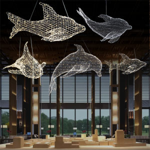 Whale Dolphin Shark Fish Shape Lamp Full Sky Star Cloud Restaurant Decoration Iron Net Lamp Hotel Banquet Hall Dining Suspension Lamp