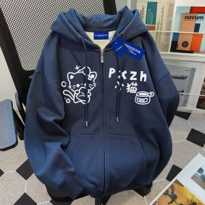 Spring Autumn 2024 Womens Loose American Print Hoodie Couples Zipper Cardigan Jacket Comfortable Polyester Cotton Blend Long Sleeve