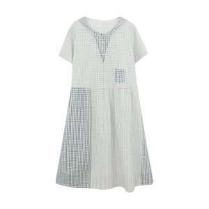 HOTHORSE Volcanic Horse Retro Patchwork Plaid Modified Naval Collar Belted Loose Slimming Casual Dress Summer Midi Skirt