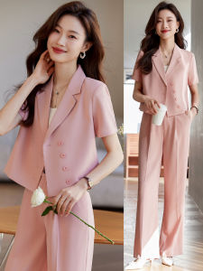 Pink Suit Set Womens Summer Casual Short Sleeve Suit Jacket Fashionable Elegant Goddess Style Small Size Commute Wind Pure Color