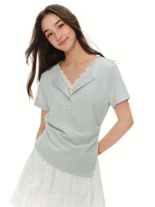DUSHU | Tailored Fit Waist-Tie V-Neck Lace Short Sleeve Top