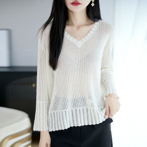 DONGYINUAN | Linen-Viscose Lace Hollow V-Neck Lightweight Breathable Sunscreen Top