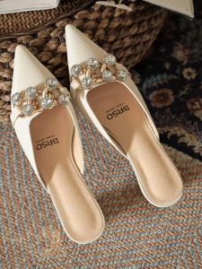 Elegant Pointed Toe High Heel Slippers Korean Style Fashion Chain Thick Heel Womens Shoes Slimming Cover Head Diamond Embellished