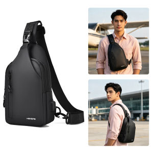 MENSPE Mens Shoulder Bag Waterproof Oxford Cross Body Chest Bag USB Hole Earphone Hole Design Double Layer Zipper Bag Large Capacity Messenger Bag Travel Phone Pouch Fashion Chest Bag
