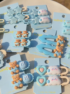 2 Chỉ Đóng Gói ! Kẹp tóc hình gấu xanh ~ Cô gái ngọt ngào với nơ mây BB Phụ kiện tóc kẹp bên trang trí tóc