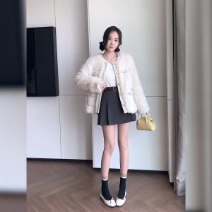 AMMIN 2024 autumn new zipper high-waist A-line anti-slip skirt female Korean style belt waist design simple solid color irregular pleated skirt
