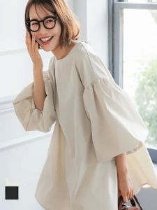 เสื้อเชิ้ตแขนพองสไตล์เกาหลีหลวมๆ ผ้าฝ้ายแท้สำหรับผู้หญิงในช่วงฤดูร้อน เสื้อเชิ้ตคอกลมแขนยาวปานกลางทรงเอ