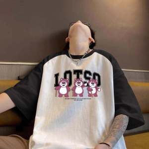 Strawberry Bear Pure Cotton Summer New Loose Mens T-shirt Short Sleeve Fashion Brand Patchwork Breathable Casual Top