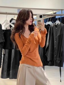 Korean Style Orange Knitted Top Womens Slim Fit Long Sleeve Low Collar Base Shirt Autumn New Design Sense Inner Wear T-Shirt