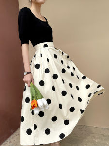 French Polka Dot A-Line Midi Skirt Womens Summer New Two-Piece Set High Waist Long Skirt Commute Style Polyester Viscose