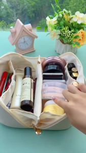 **BEST SELLING** 2024 NEW Large Capacity Travel Cosmetic Bag Makeup Organizer Bag Multifunctional Storage Makeup Bag Waterproof PU Leather Travel Toiletry Bag 化妆枕头包