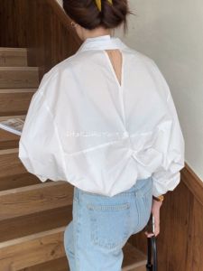 Unique Back Hollow out White Casual Shirt Womens Spring Autumn New Design Loose Cotton Long Sleeve Fashionable Top