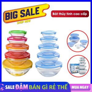 Bộ 5 Bát đựng thực phẩm thủy tinh có Nắp Đậy Ngắn Mùi Hôi Tủ Lạnh Cao Cấp /  Hộp Đựng Thực Phẩm Không Mùi Kháng Khuẩn - Set 5 Tô / Thố Thủy Tinh Siêu Dày