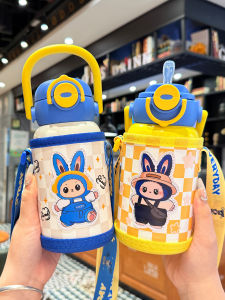 Cute Childrens Thermal Cup with Straw Crossbody Water Bottle for School Portable Antibacterial Stainless Steel Water Cup