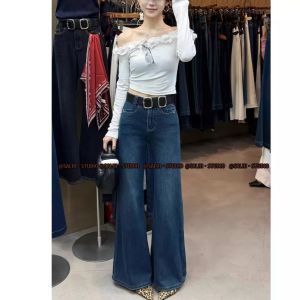 SALIN Chic Straight Leg Jeans Womens Loose Fit High Waist Denim Pants Belt Decorated Autumn Fashion Retro Style