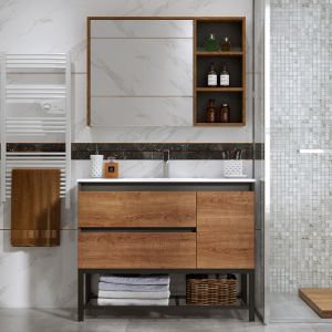 Modern Simple Real Wood Bathroom Cabinet Combination Floor Standing Ceramic Basin Washstand Integrated Bathroom Furniture