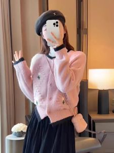 Pink Knitted Sweater Coat Womens Heavy Embroidery Spring Summer Inner Wear V-neck Long Sleeve Loose Fit Cardigan Style
