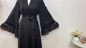 Fashion Lace Stitching Muslim Abaya Dubai Full Length Flare Sleeve Lace Abaya Dubai Turkey Muslim Islam Robe With Belt WY1391