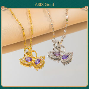 ASIX GOLD 916 gold elegant double swan clavicle chain 18K gold Korea fashion ladies purple gemstone swan necklace Lucky necklace Wont blacken Wont peel Wedding holiday gifts