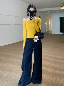 กางเกงยีนส์ขากว้างเอวสูง ทรงหลวม ทรงตรง กางเกงขายาวสีน้ำเงินเข้ม สำหรับผู้หญิง ฤดูใบไม้ผลิและฤดูใบไม้ร่วง กางเกงยีนส์ทรงหลวมสบาย ๆ สไตล์วินเทจ