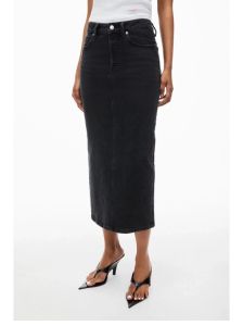 กระโปรงยีนส์ทรงตรงเปิดข้างผูกโบว์สไตล์ไฮเอนด์สำหรับฤดูร้อนปี 2024 กระโปรงทรงเอยาวปานกลางเอวสูงสีพื้น