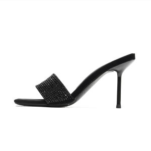 Black Crystal Buckle Open Toe Thin Heel Sandals