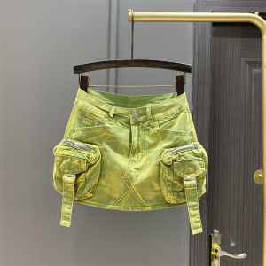 สไตล์อเมริกัน สาวเผ็ด 3D ใหญ่ กระเป๋าเสื้อ ชุดทํางานมินิ กระโปรง ฤดูร้อน แฟชั่น สีเขียว เพรียวบาง ทรงเอ เดนิม กระโปรงสั้น