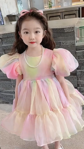 [4-6½±yrs] Gaun Budak Baby Dress Kembang Rainbow Retro Puffy Sleeve Baby Girl Princess Dress Party Dress Wedding Dress