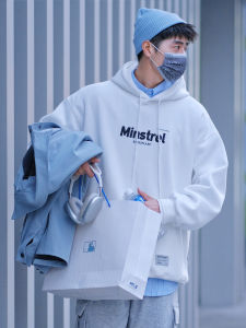 American Style Fleece Lined Hoodie Sweatshirt for Men Casual Trendy Outerwear Spring Autumn Seasonal Loose Fit Printed Design