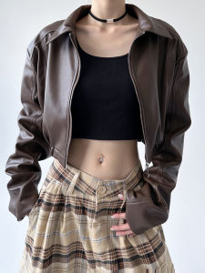 สุภาพสตรีแขนยาวสั้น เสื้อแจ็คเก็ตหนัง หลวม พรางหุ่น Turn-down ปกเสื้อ แจ๊กเก็ต ฤดูหนาว แฟชั่นสั้น เสื้อโค้ท วัสดุ Pu