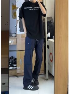 กางเกงทำงานผู้ชายสีน้ำเงินเข้ม กางเกงขายาวทรงหลวมสำหรับกลางแจ้ง ฤดูร้อน 2024 กางเกงขายาวทรงตรงเอวกลาง กางเกงขายาวทรงตรง
