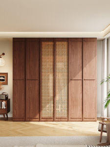 Retro Style Wooden Wardrobe with Woven Doors