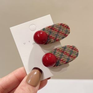 Red Plaid Woolen Duckbill Hair Clip Pearl Embellished Korean Style Fashion Simple Hair Edge Clip Bangs Clamp Sweet Retro Green