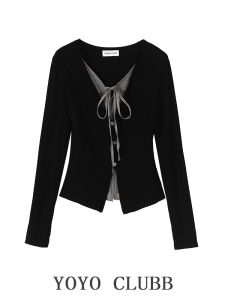 เสื้อยืดแขนยาวคอกว้างทรงเข้ารูปสไตล์หวานและเผ็ดร้อน YOYO CLUBB ฤดูใบไม้ร่วง 2024 ไซส์ใหญ่ ดีไซน์ใหม่ แขนยาว คอกลม ผ้าฝ้ายผสมโพลีเอสเตอร์