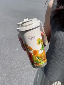 500ml Double Drink Stainless Steel Insulated Coffee Cup or Cup Brush Vintage Floral Print Travel Mug Leakproof Car Water Bottle